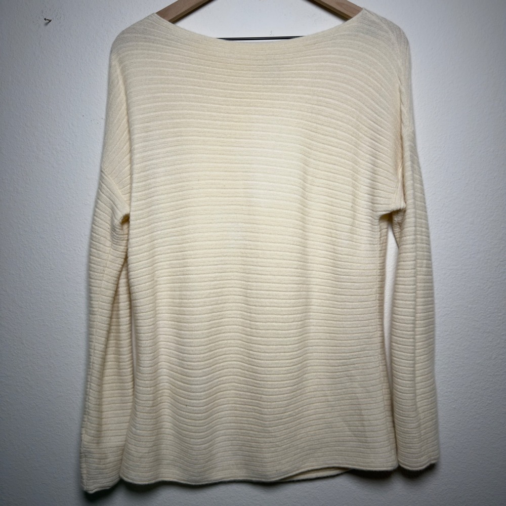 Vince Women 100% Cashmere Sweater M Off White Horizontal Ribbed Boat Neck